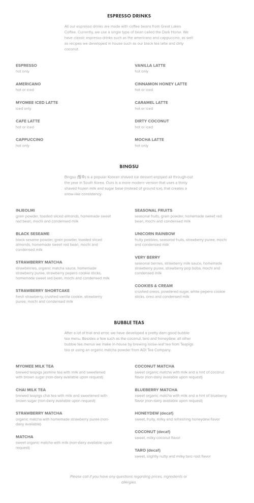 Myomee menu in Southfield, Michigan, USA