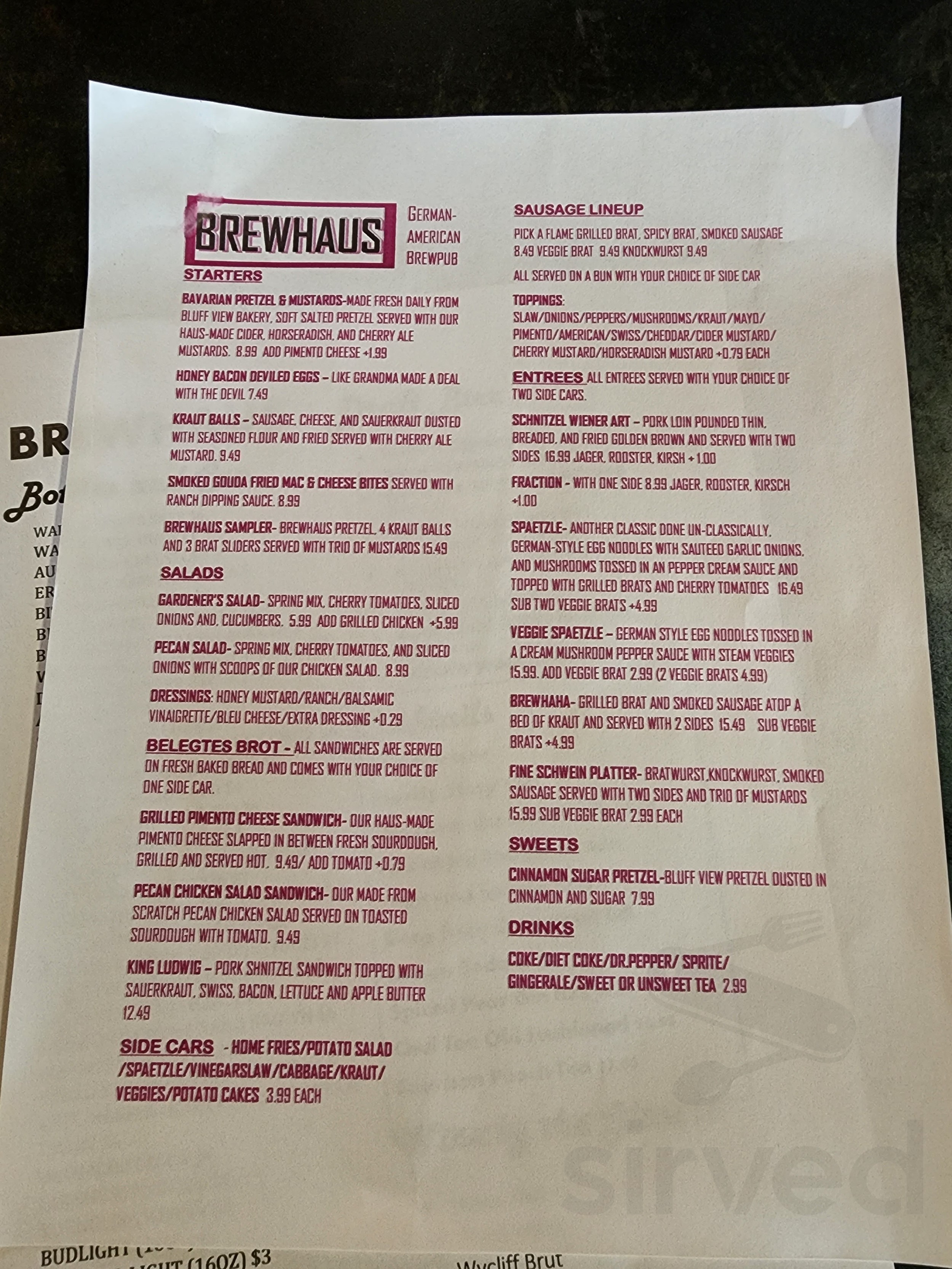 Brewhaus menu in Chattanooga, Tennessee, USA