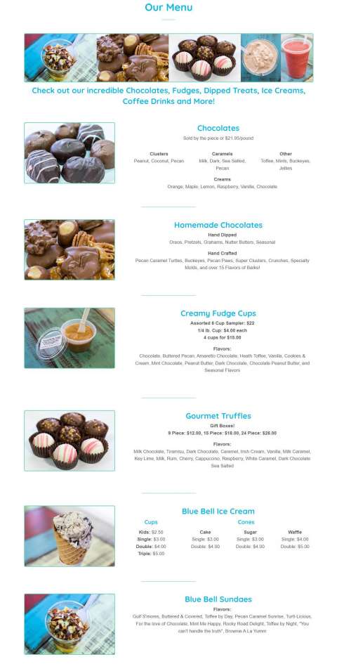 Chocolate Corner & Ice Cream menu in Gulf Shores, Alabama, USA