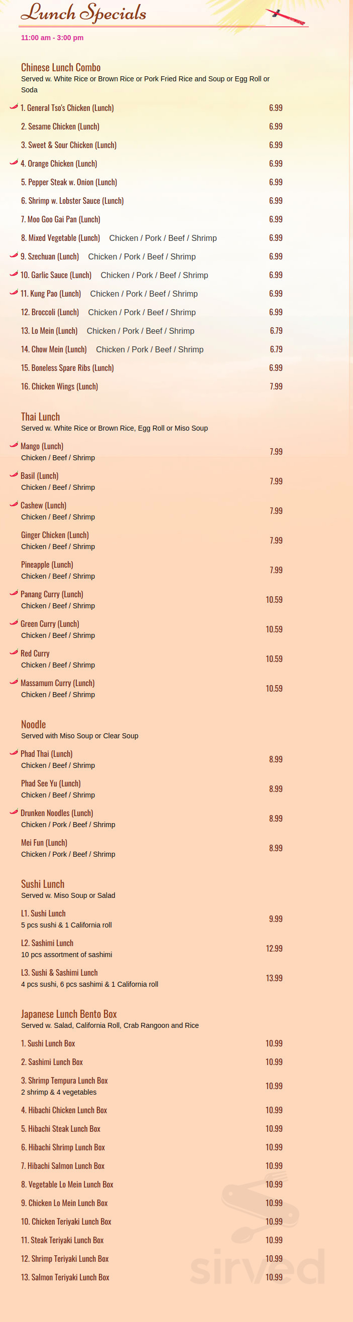 Jay Asian Bistro lunch menu in Cherry Hill, New Jersey