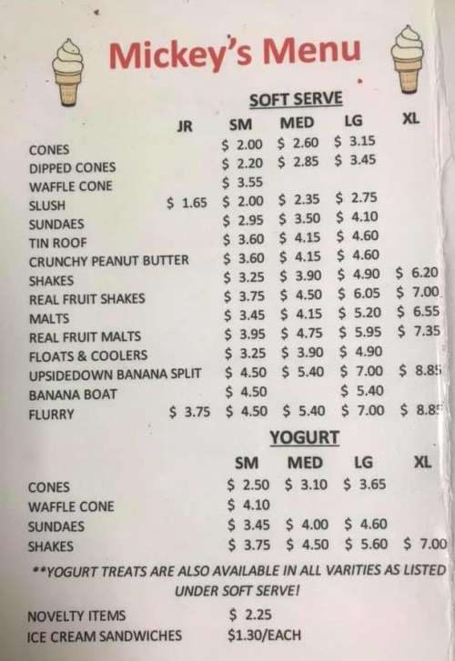 Mickey's Dairy Twist menu in South Lyon, Michigan, USA