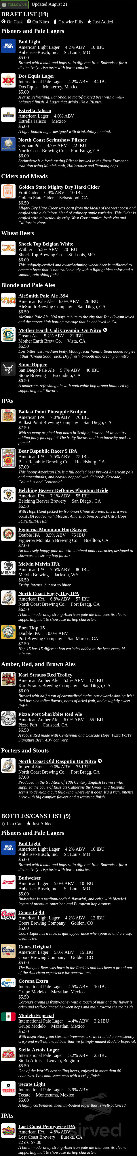 Inland Tavern drink menu in San Marcos, California