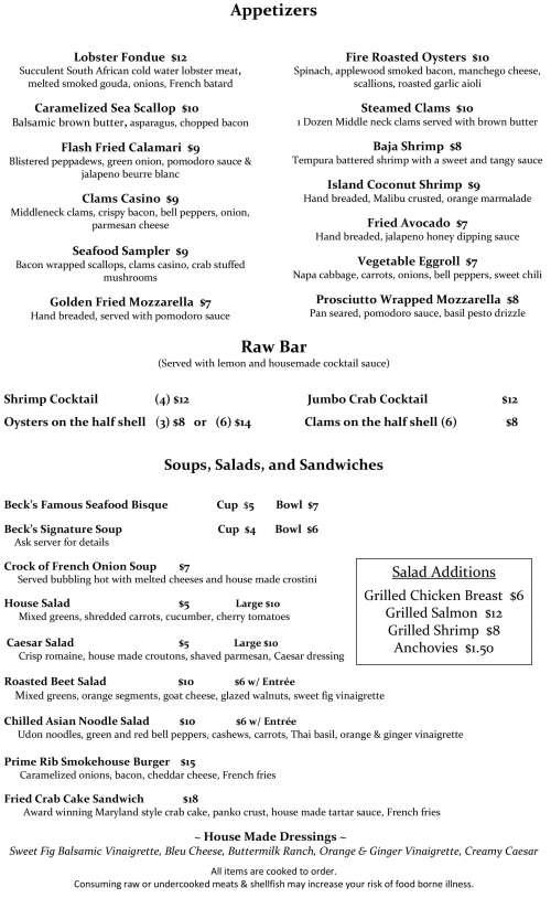 Beck's Land & Sea House menu in Nazareth, Pennsylvania, USA