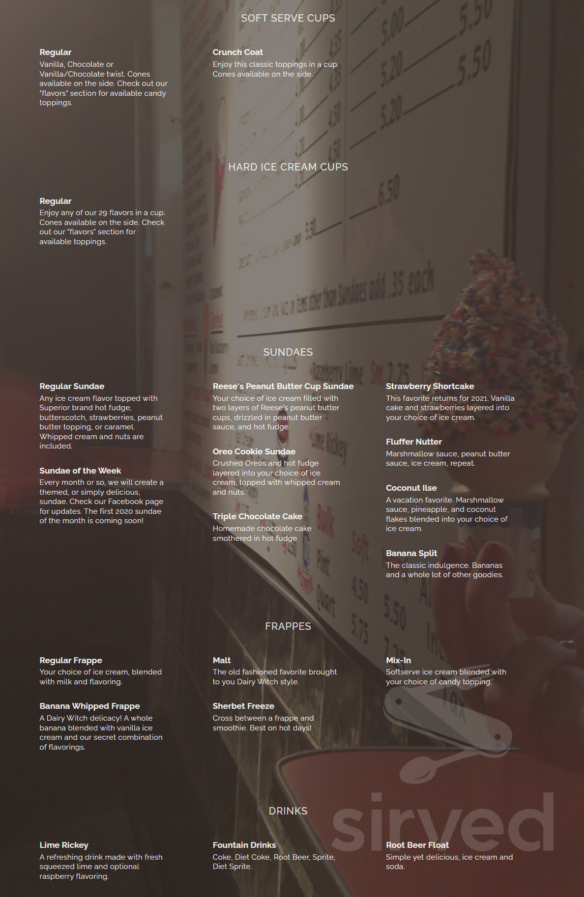 Dairy Witch Ice Cream menu in Salem, Massachusetts, USA