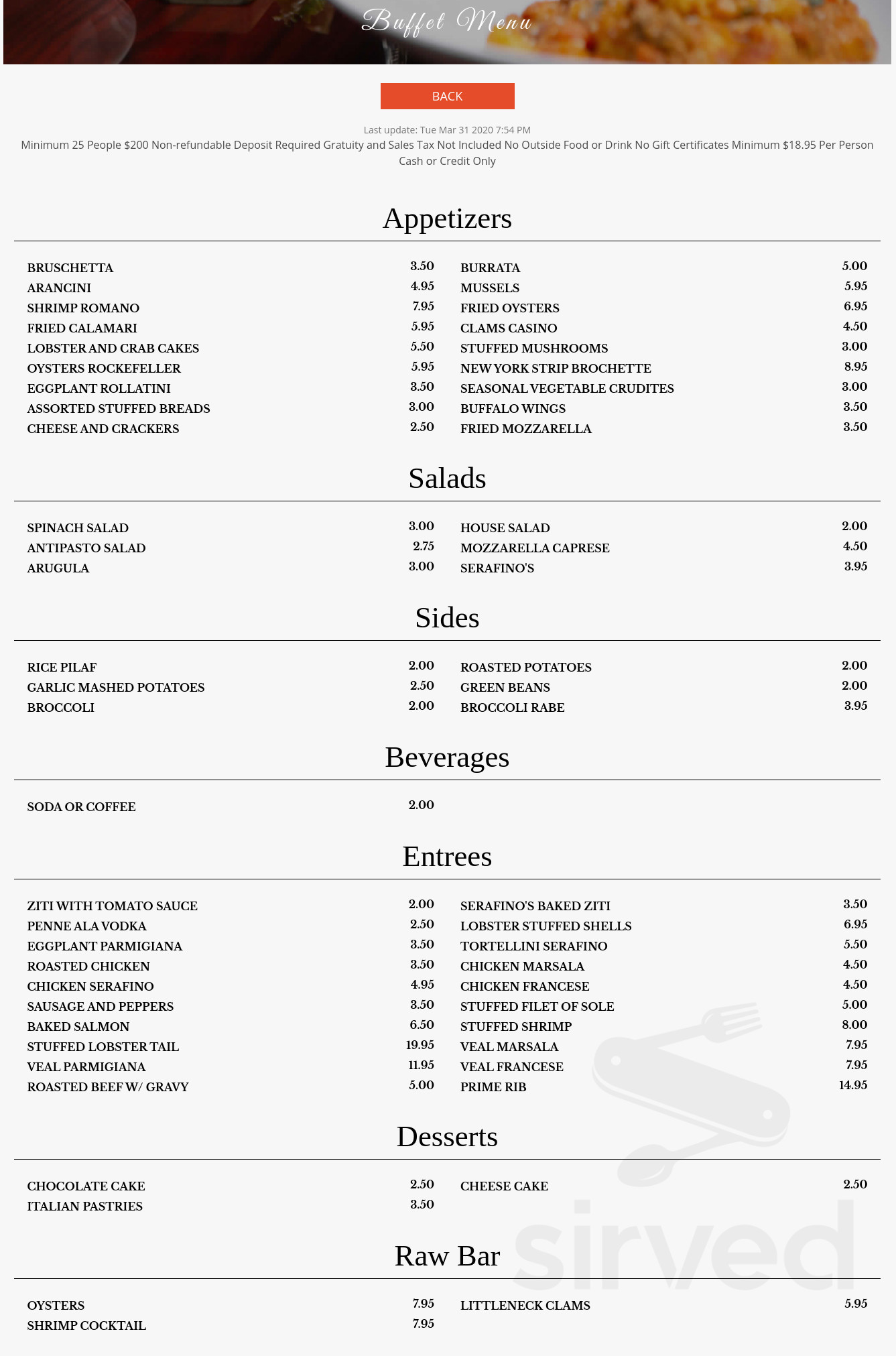 Serafino's Restaurant Bar & Cater menus in Wallingford, Connecticut