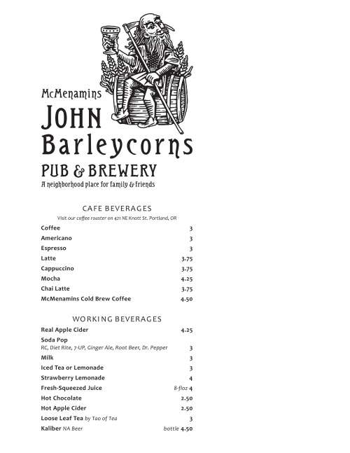 McMenamins John Barleycorns menu in Tigard, Oregon, USA