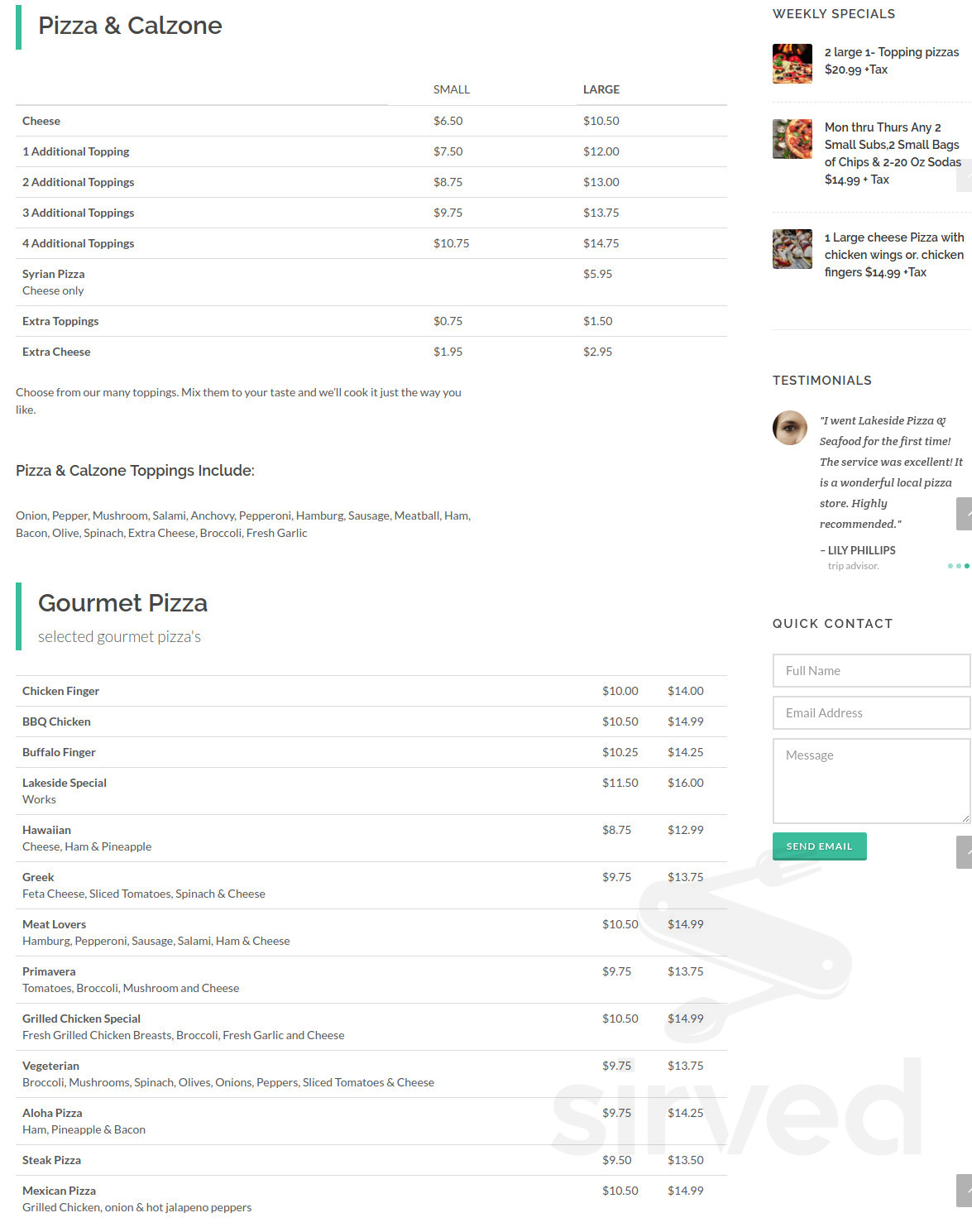 Lakeside Pizza & Seafood menus in Tyngsborough, Massachusetts, United