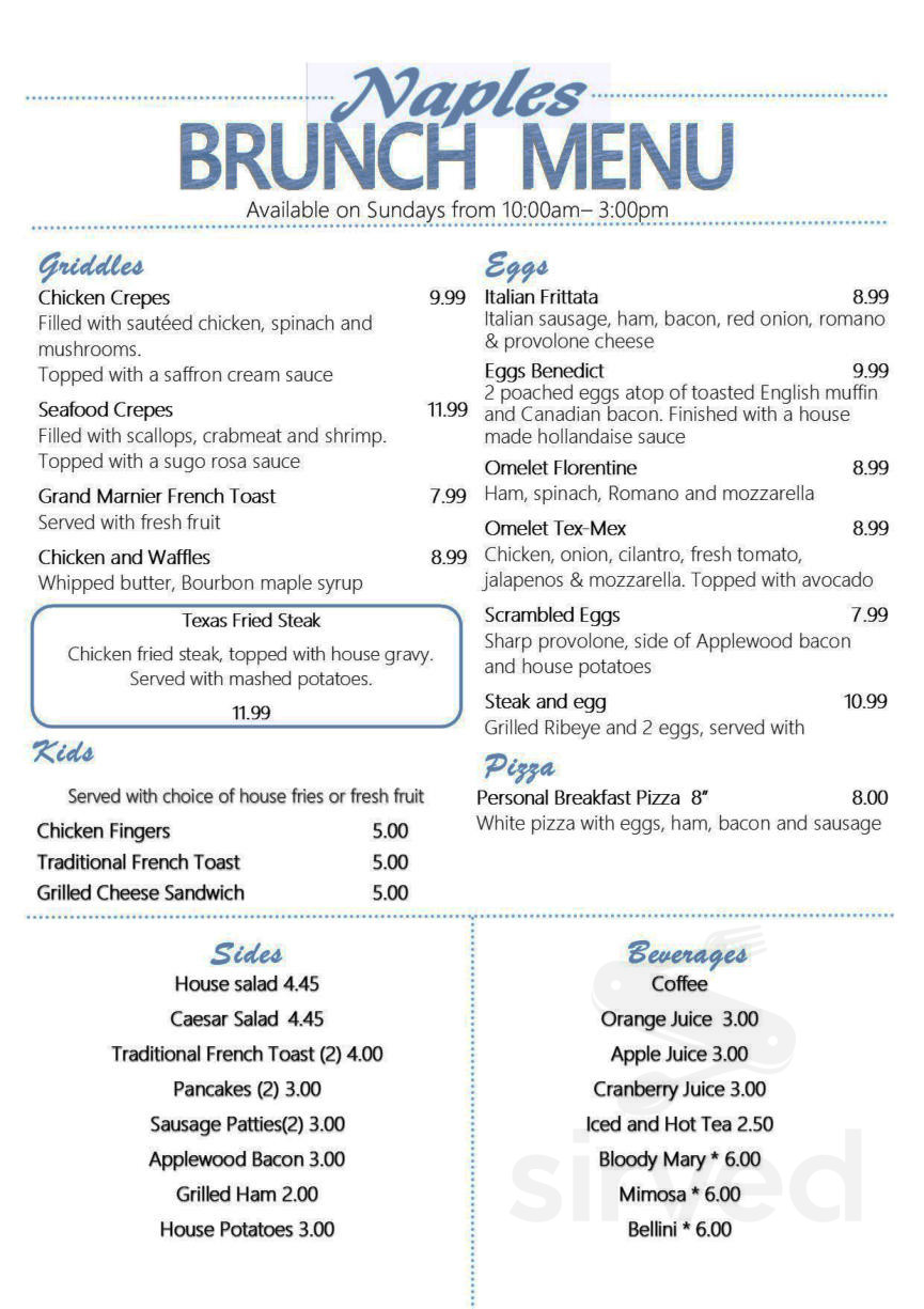 Naples Italian Ristorante & Pizza menu in San Antonio, Texas, USA