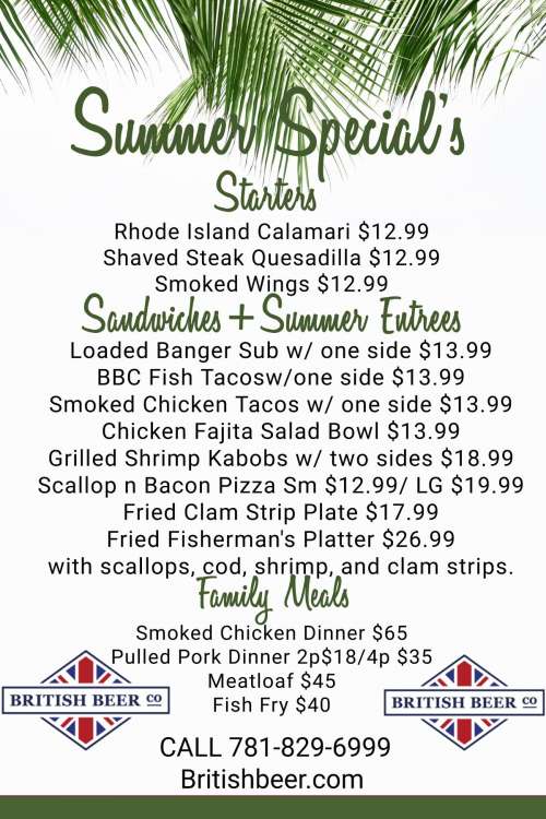 British Beer Company menu in Plymouth, Massachusetts, USA