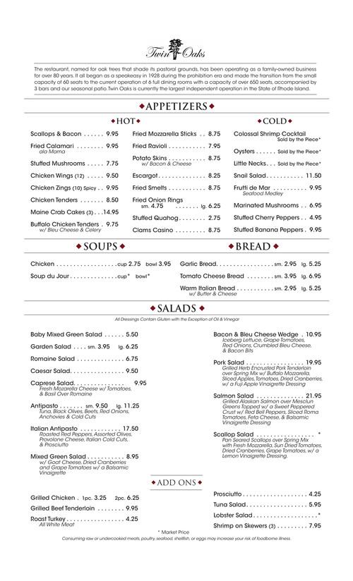 Twin Oaks Restaurant menu in Cranston, Rhode Island, USA