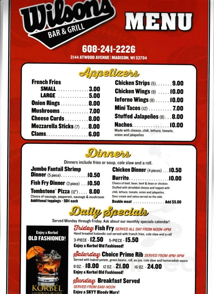 Wisconsin Bar Menu Menu - Madison WI's Wilson's Bar & Grill | Sirved