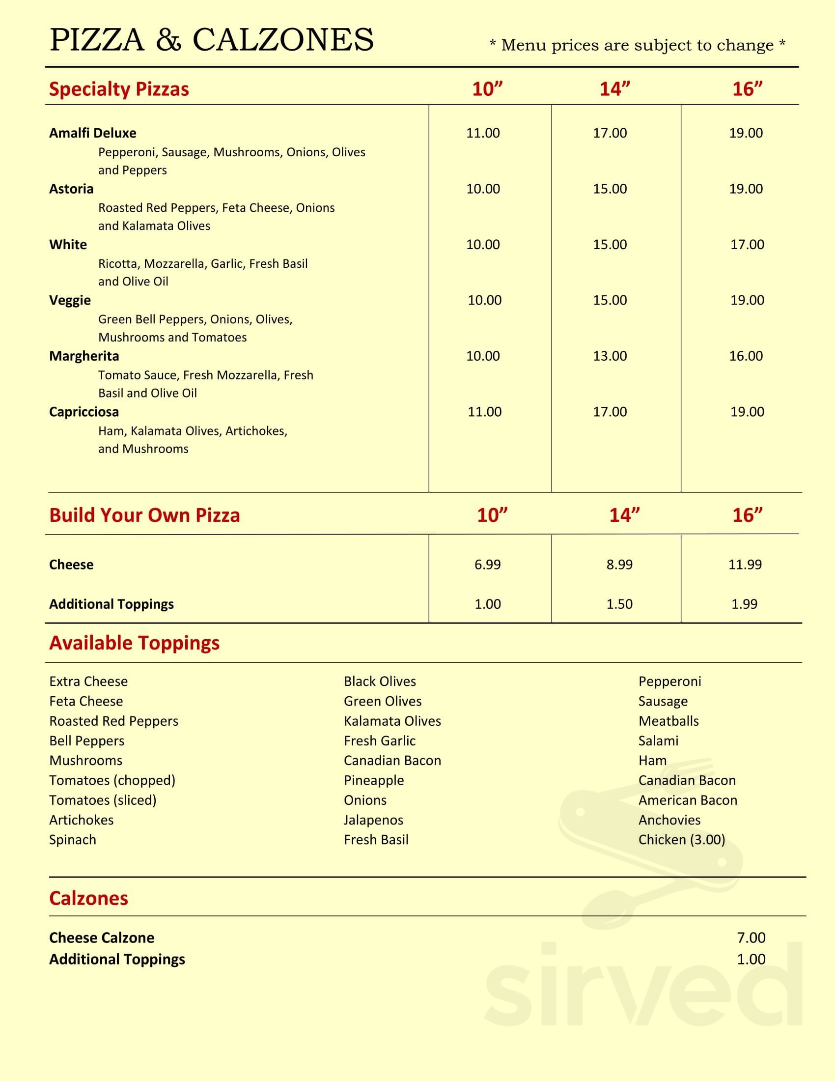 Brooklyn V's Pizza menu in Chandler, Arizona, USA