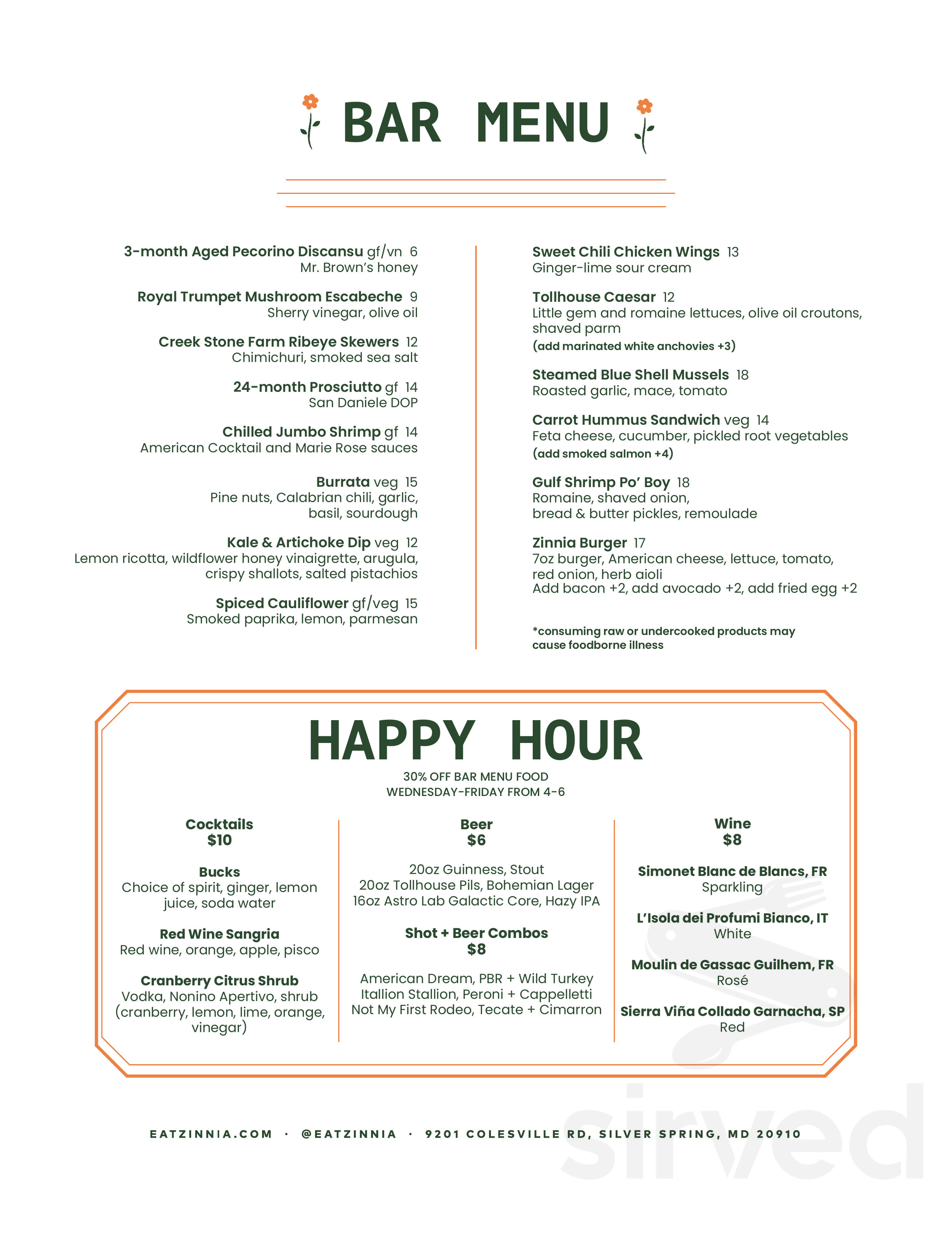 Zinnia menus in Silver Spring, Maryland, United States