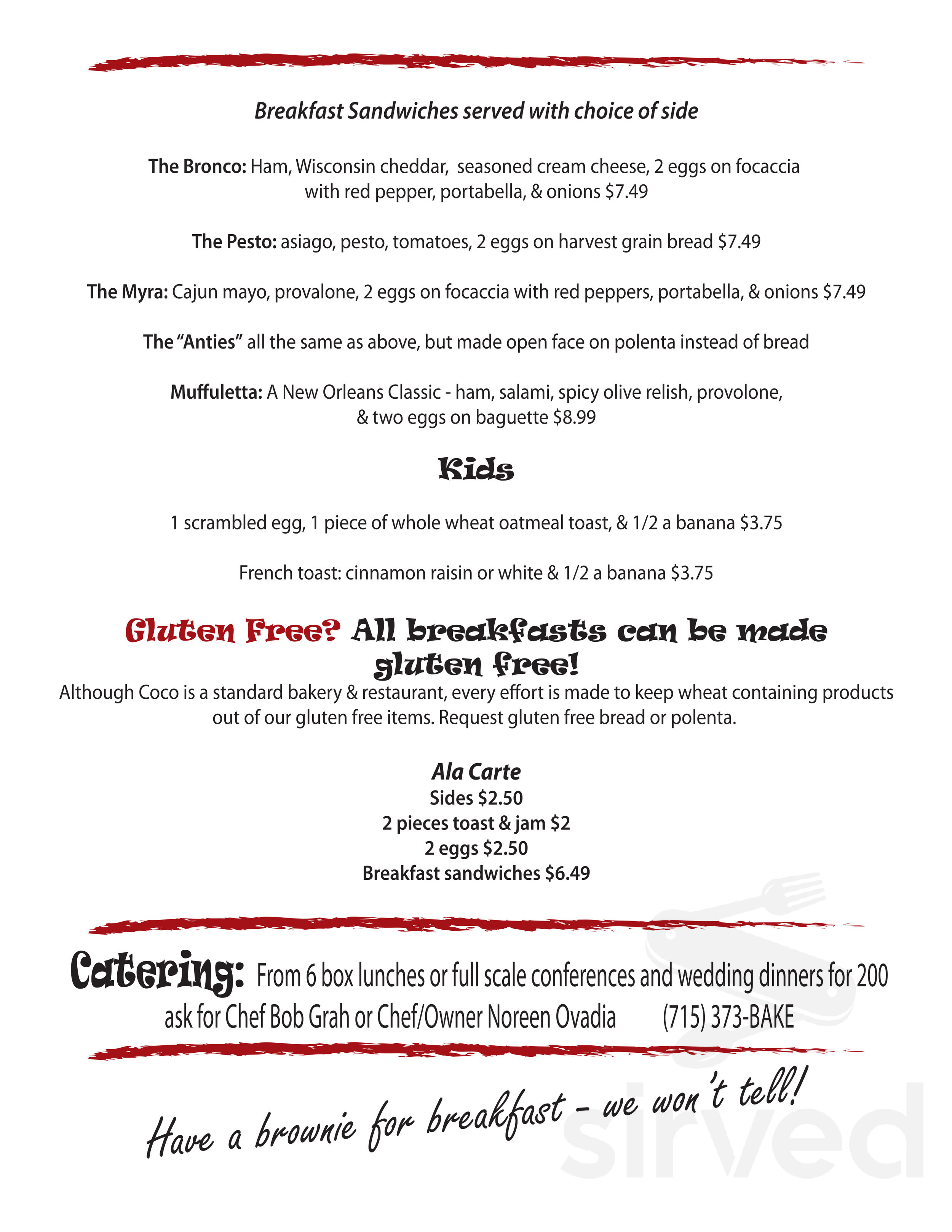 Coco - Artisan Bakery & Good Eats breakfast menu in Washburn, Wisconsin