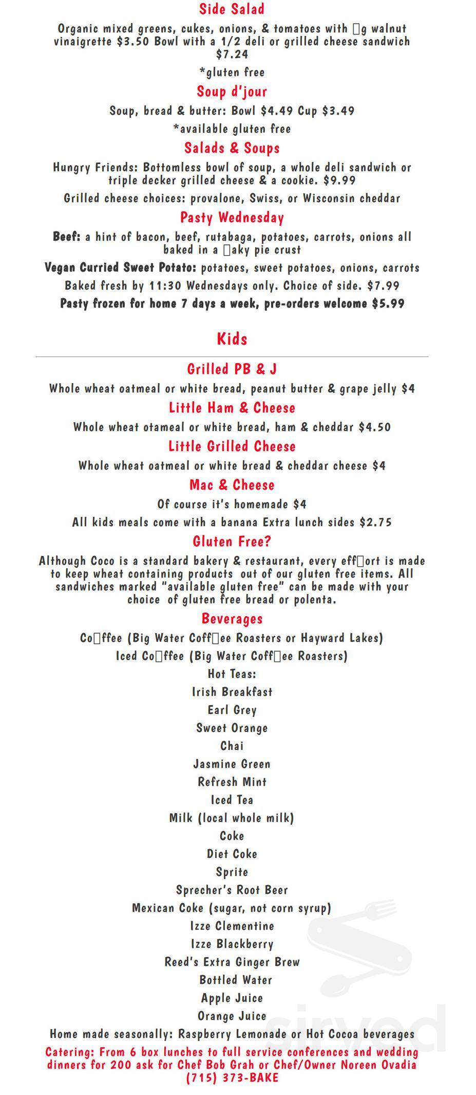 Coco - Artisan Bakery & Good Eats lunch menu in Washburn, Wisconsin