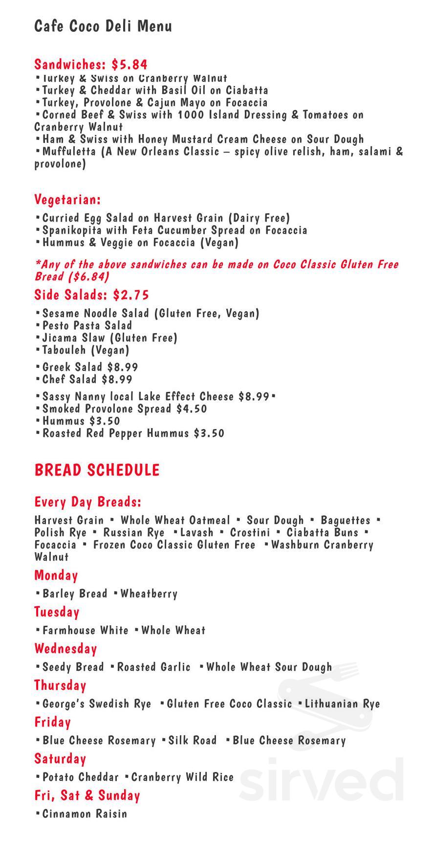 Coco - Artisan Bakery & Good Eats menu in Washburn, Wisconsin