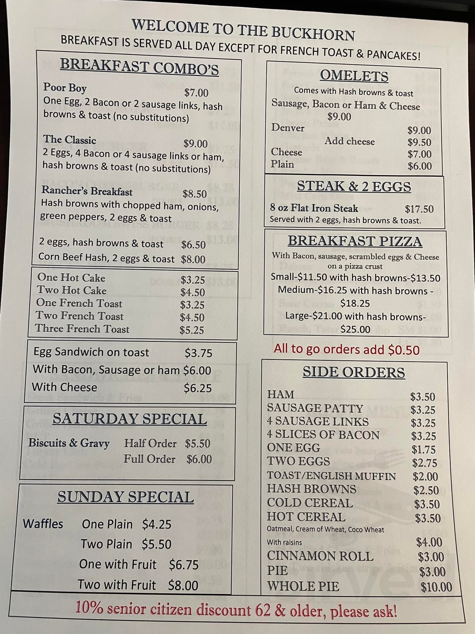 Buckhorn Bar & Cafe menu in Poplar, Montana, USA