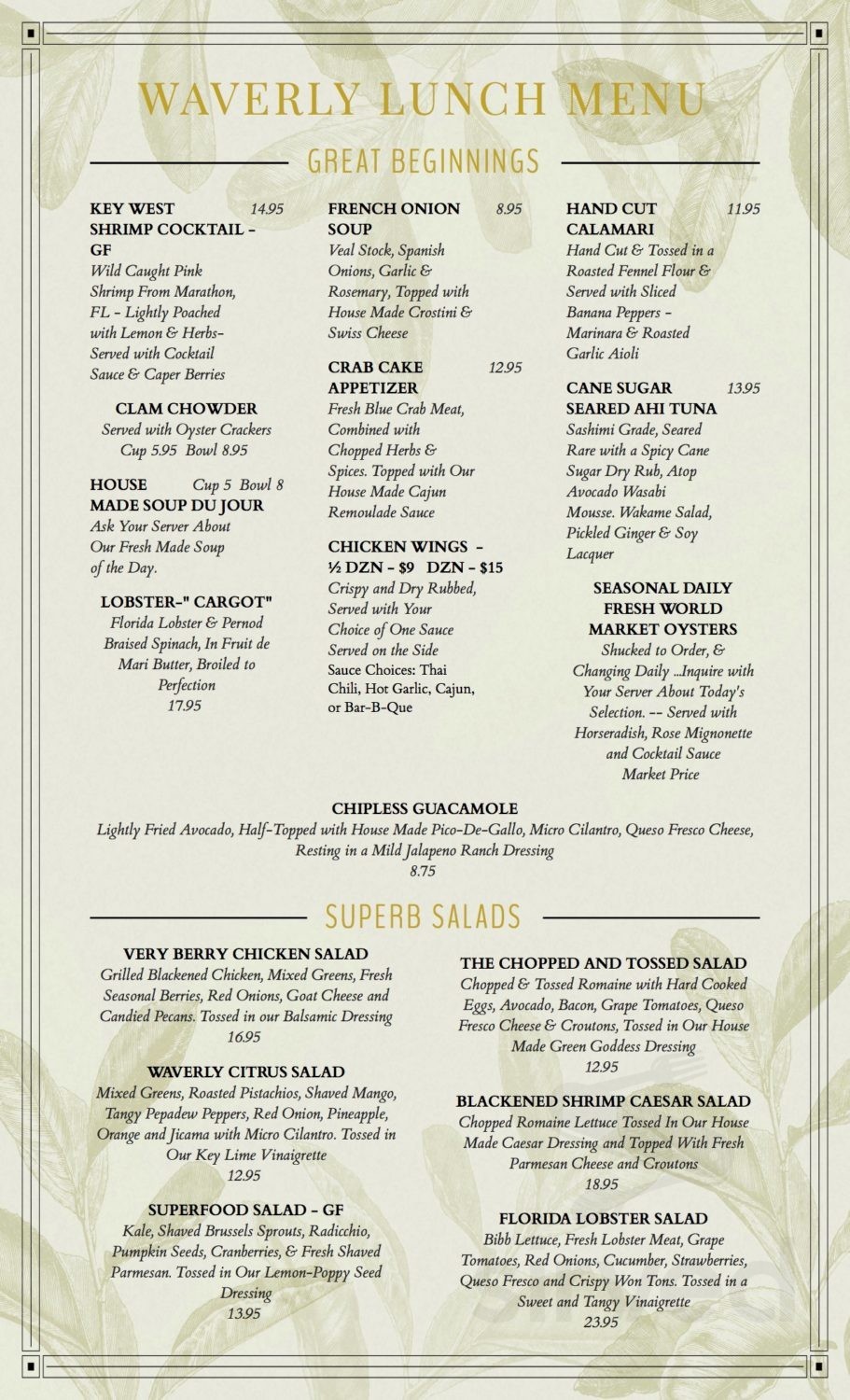 The Waverly Restaurant & Bar menu in Englewood, Florida, USA