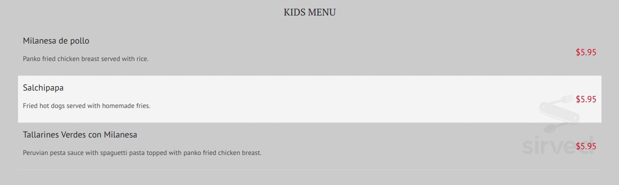 El Rincon Criollo kids menu in Reseda, California