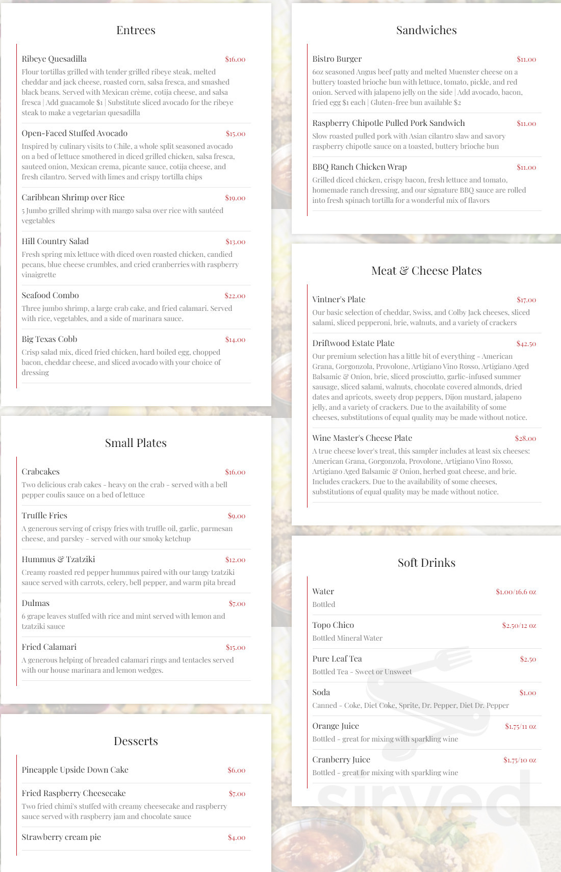 The Driftwood Bistro menu in Driftwood, Texas, USA