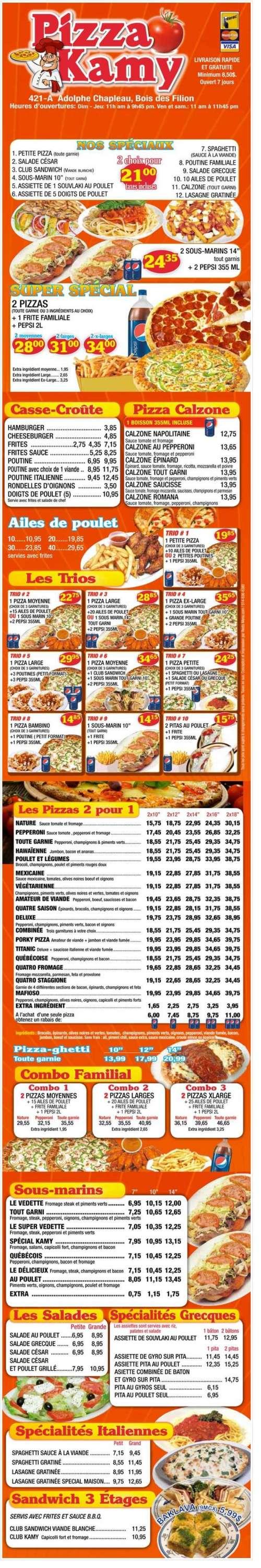 Pizza Kamy menu in BoisdesFilion, Quebec, Canada
