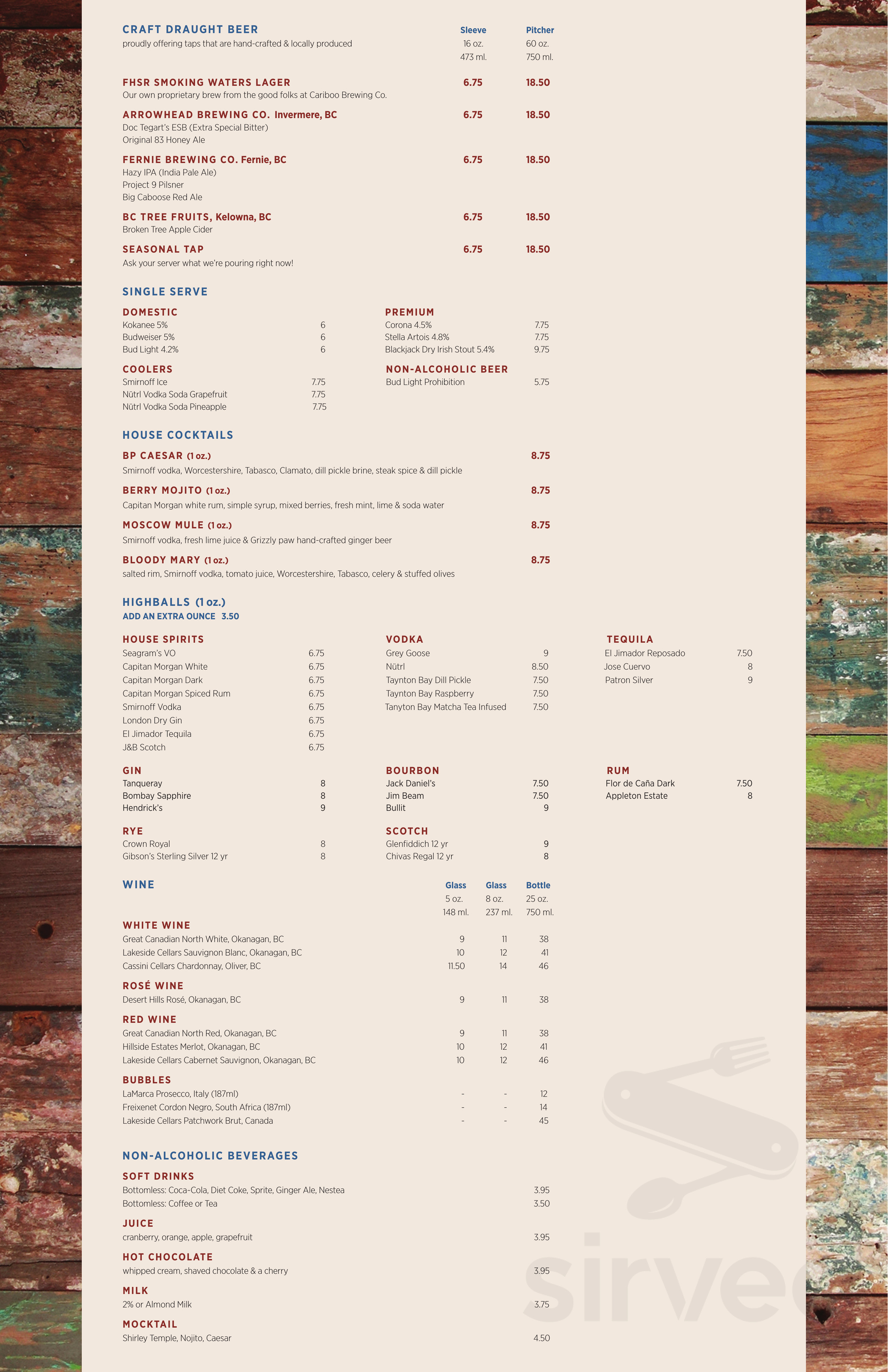 Menu - Fairmont Hot Springs BC's Bear’s Paw Bar & Grill | Sirved