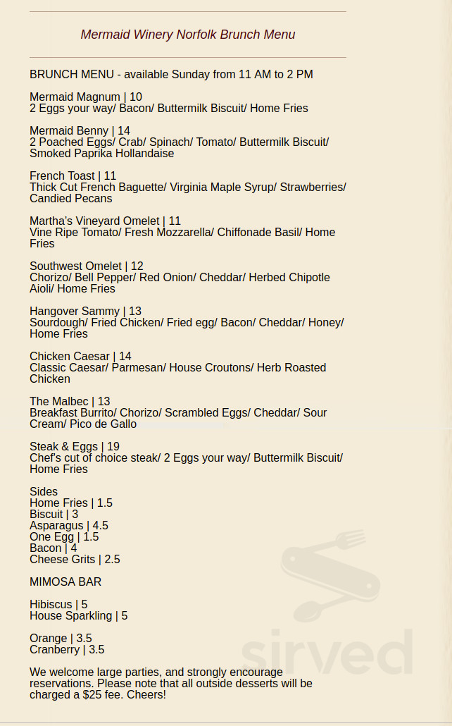 Mermaid Rye Menu Menu for Mermaid Winery - Virginia Beach in Norfolk, VA | Sirved