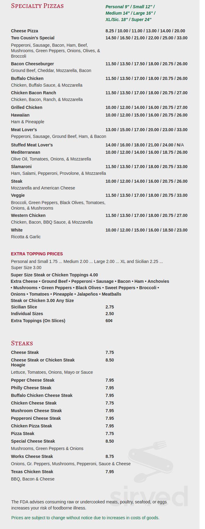 Two Cousin's Pizza & Italian menu in Mount Joy, Pennsylvania, USA