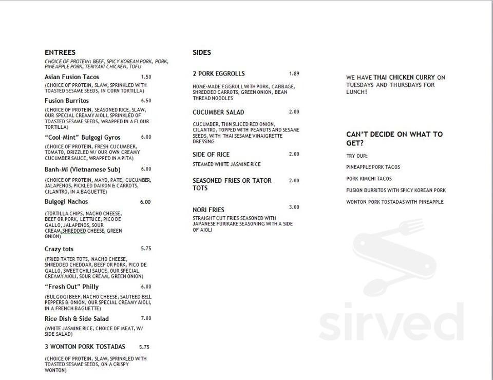 Fresh Out the Box menu in Kennewick, Washington, USA