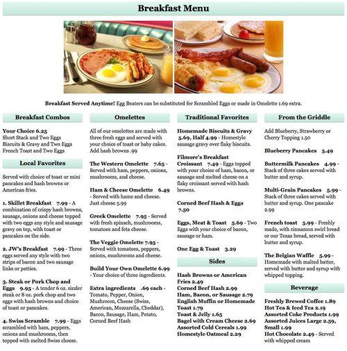 J W Filmore's Family Restaurant menu in Petoskey, Michigan, USA