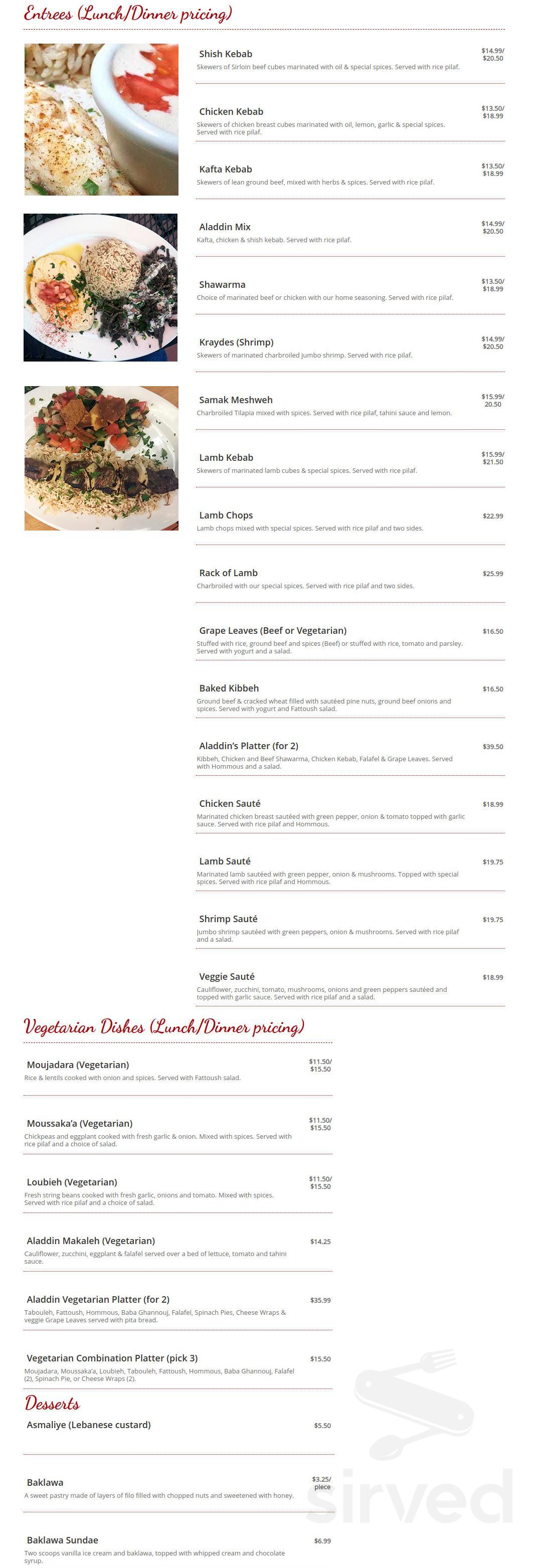 Menu - Reading PA's Aladdin Restaurant | Sirved