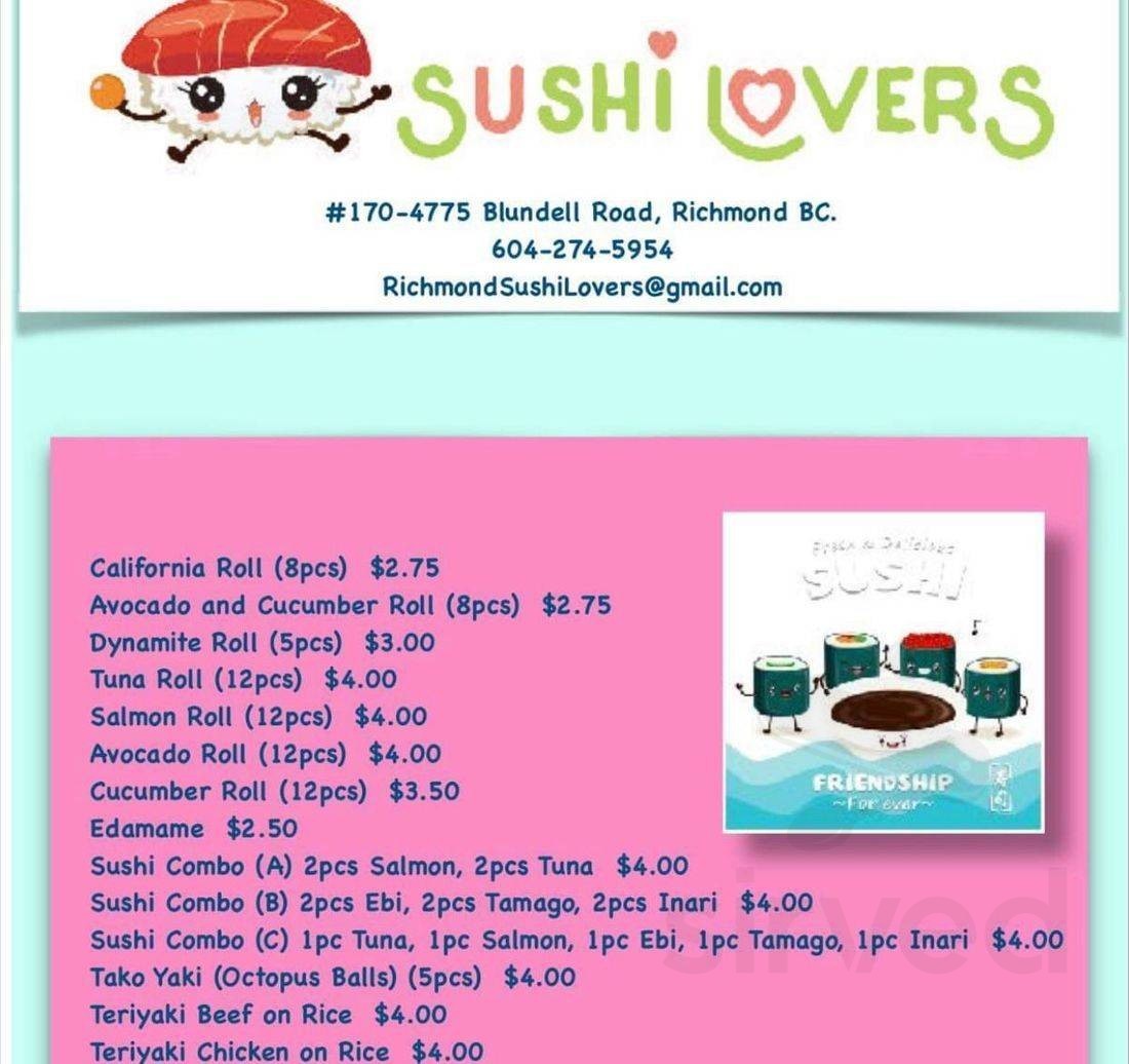 Sushi Lovers menu in Richmond, British Columbia, Canada