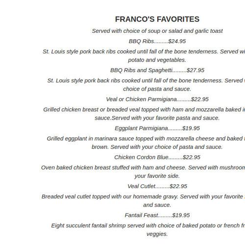 Franco's Pizza & Steakhouse menu in Edmonton, Alberta, Canada