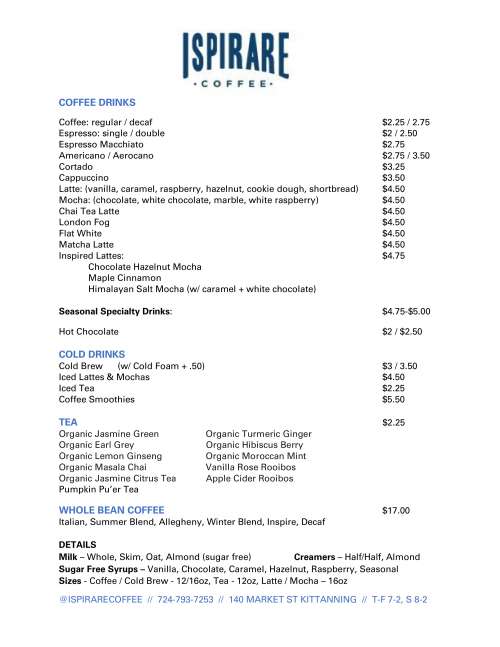 Ispirare Coffee menu in Kittanning, Pennsylvania, USA