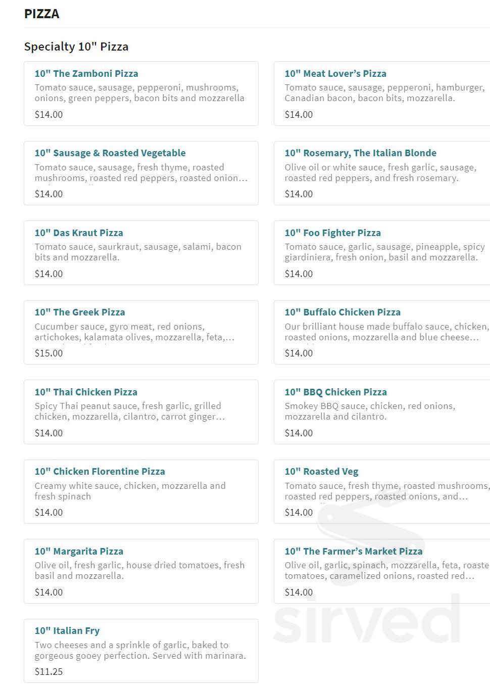 Zamboni's Pizza menu in St Paul, Minnesota, USA