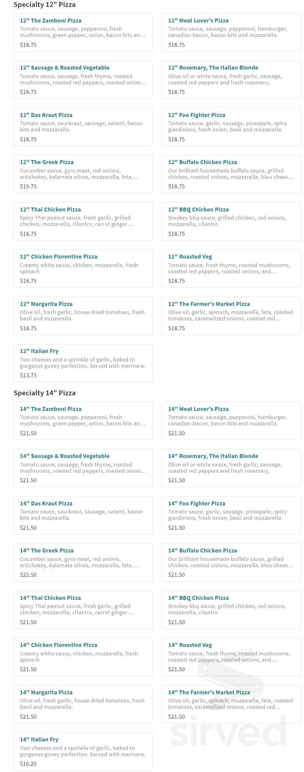 Zamboni's Pizza menu in St Paul, Minnesota, USA