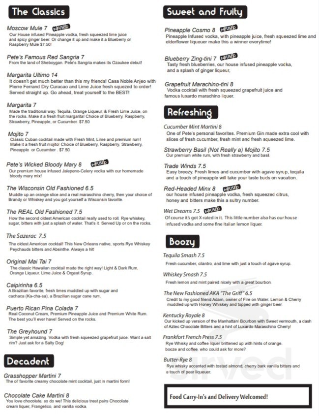 Menu for Martini Pete's in Grafton, WI Sirved