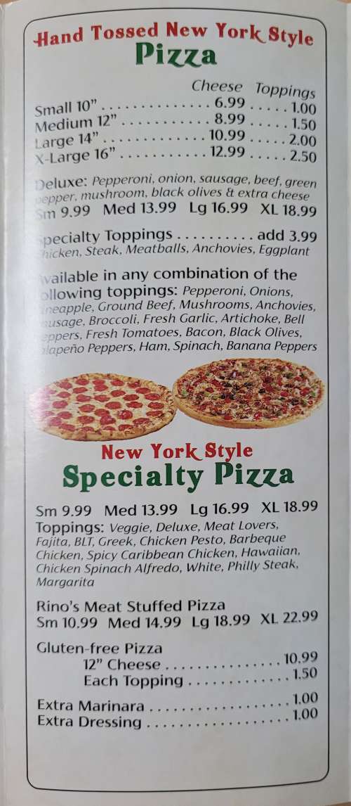 Rino's Pizza menu in Jacksonville, Florida, USA