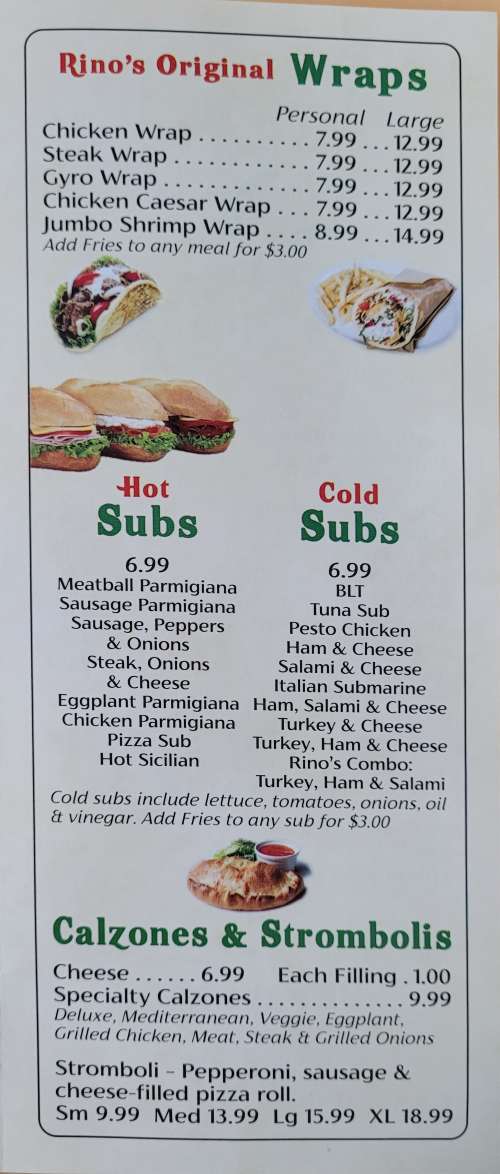 Rino's Pizza menu in Jacksonville, Florida, USA