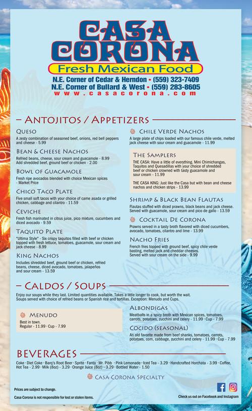 Casa Corona menu in Fresno, California, USA