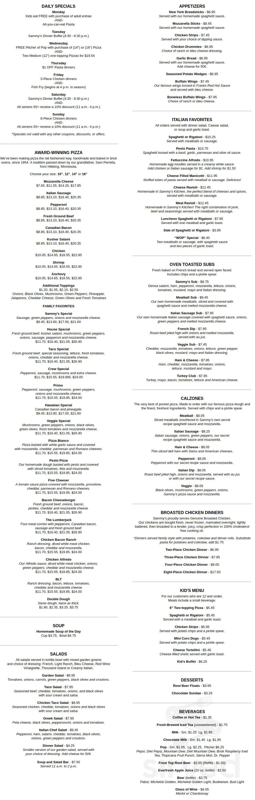 Sammy's Pizza & Restaurant menu in Cloquet, Minnesota