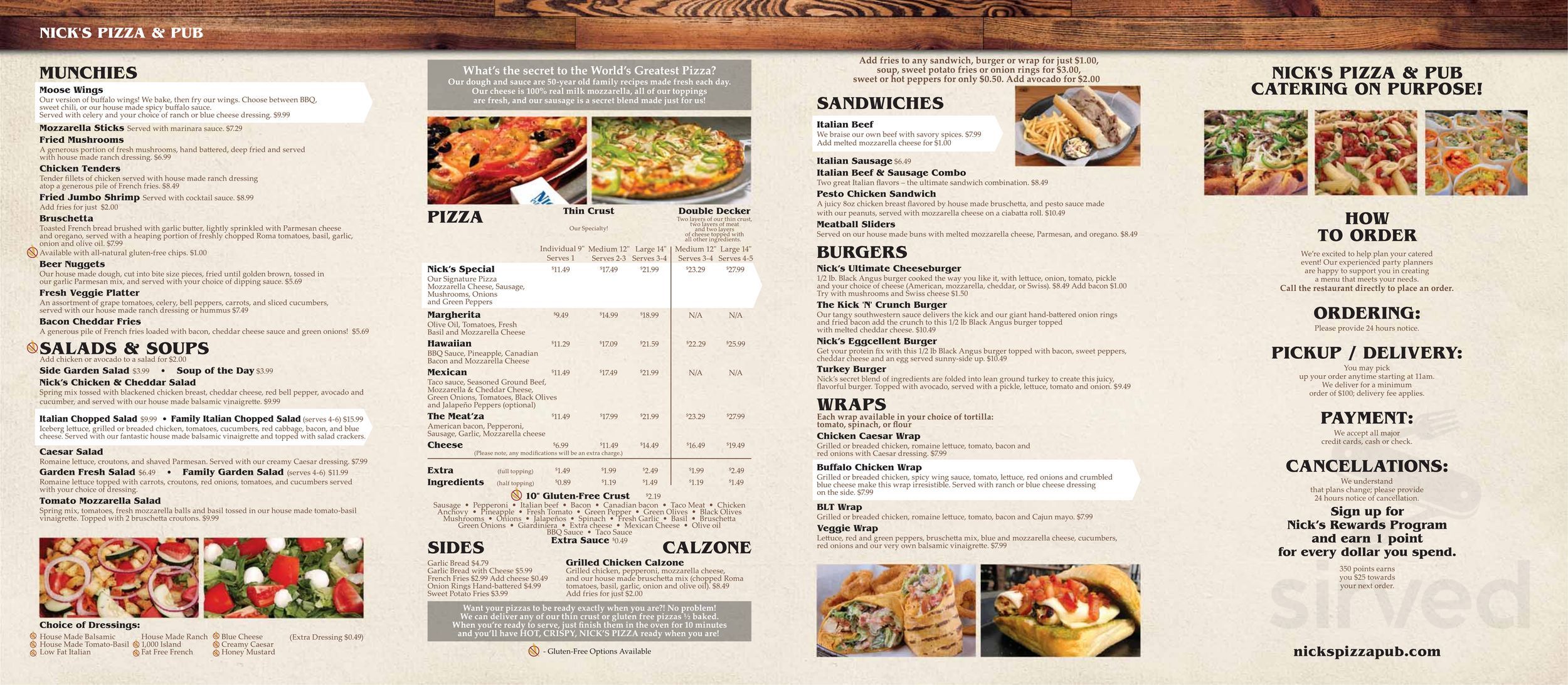 Menu Elgin IL's Nick's Pizza & Pub Sirved