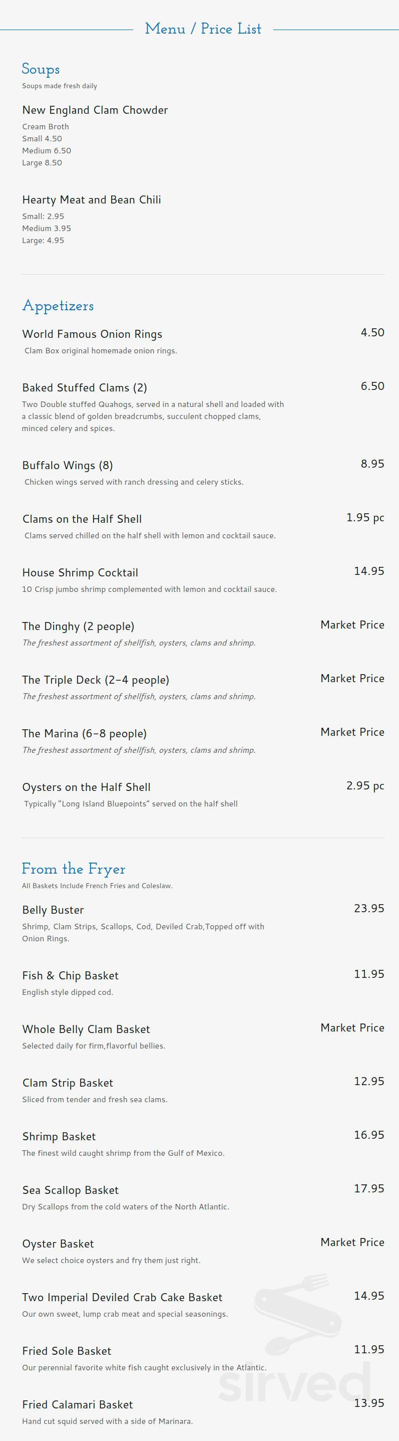 Clam Box menu in New Britain, Connecticut