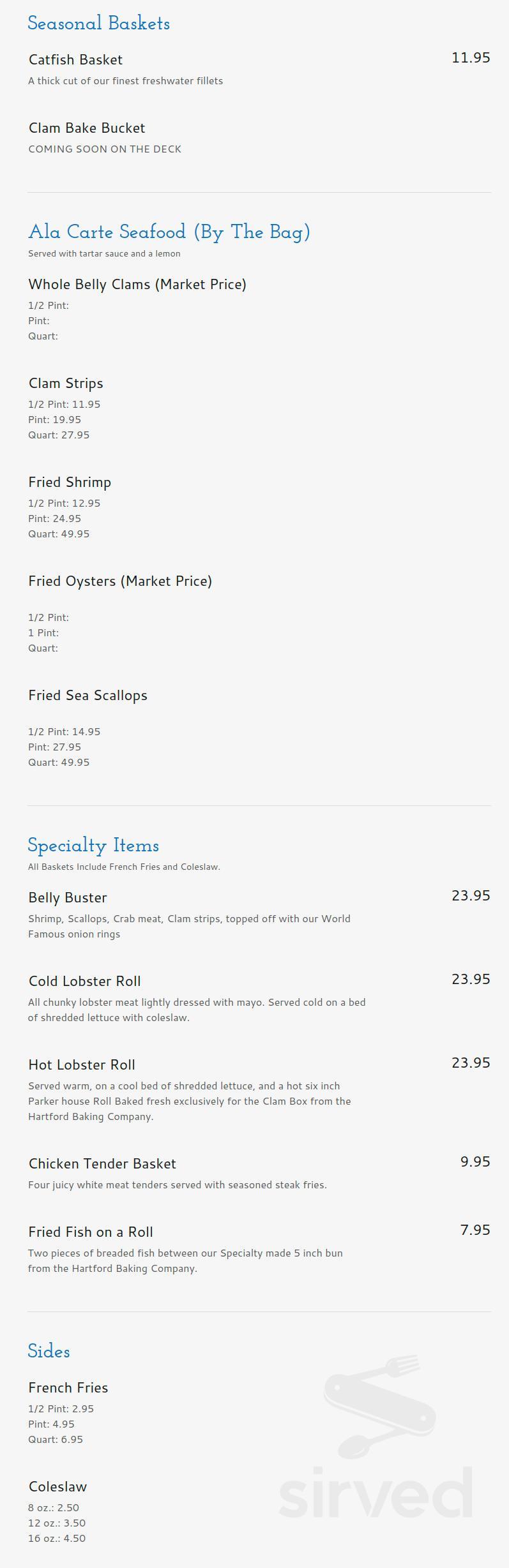 Clam Box menu in New Britain, Connecticut