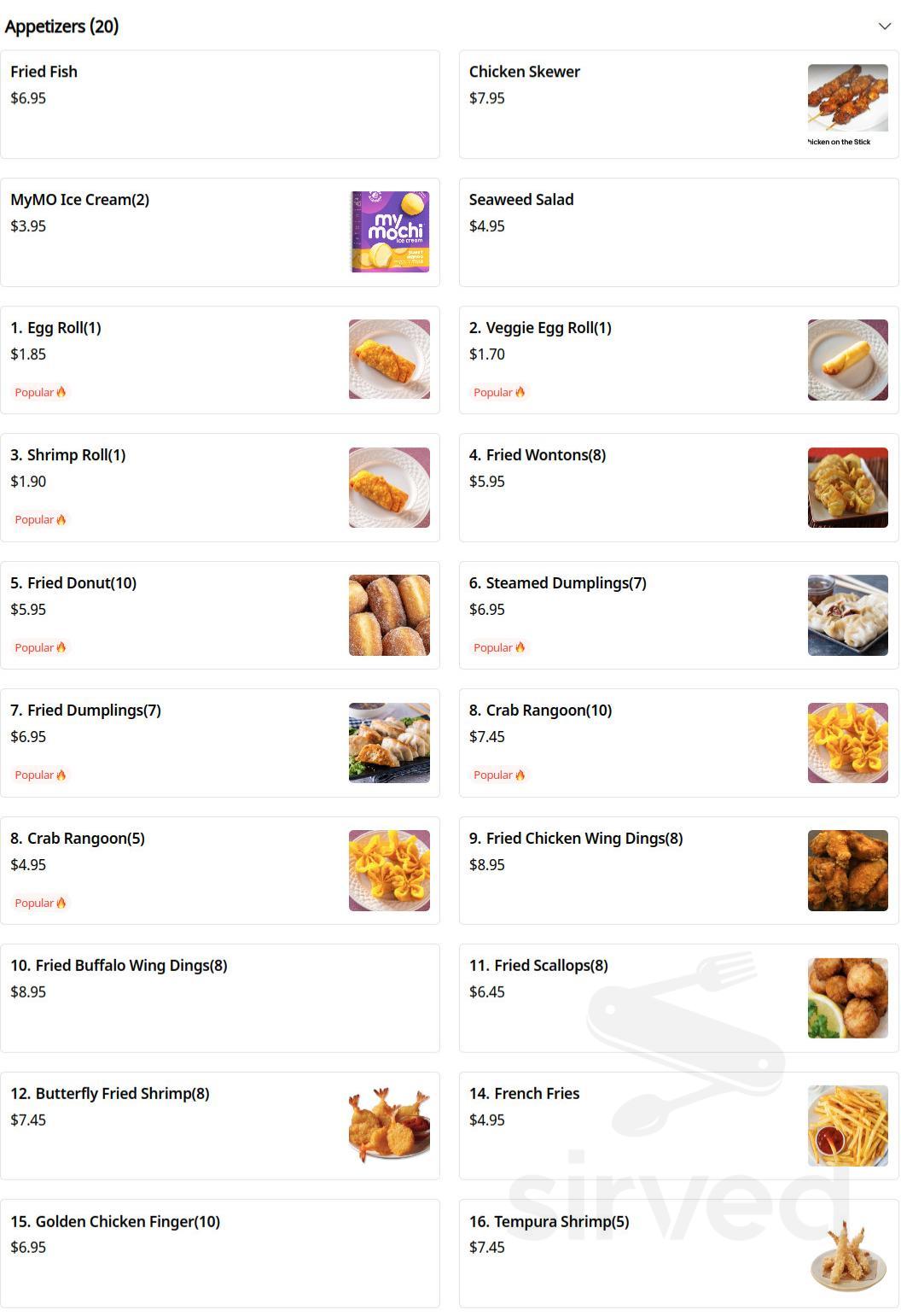 Menu Ypsilanti MI's HK China One Sirved