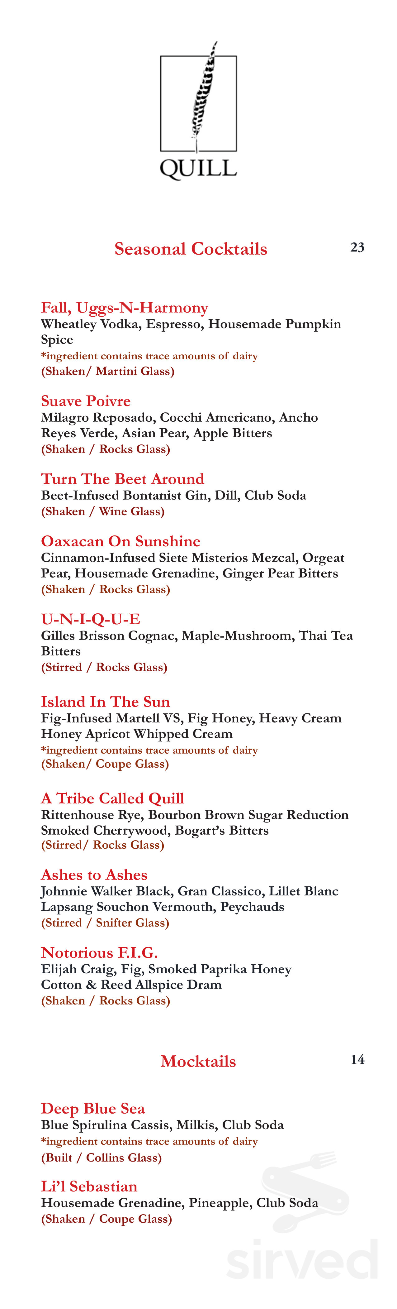 Menu for Quill at The Jefferson in 1200 16th St NW, Washington, United ...