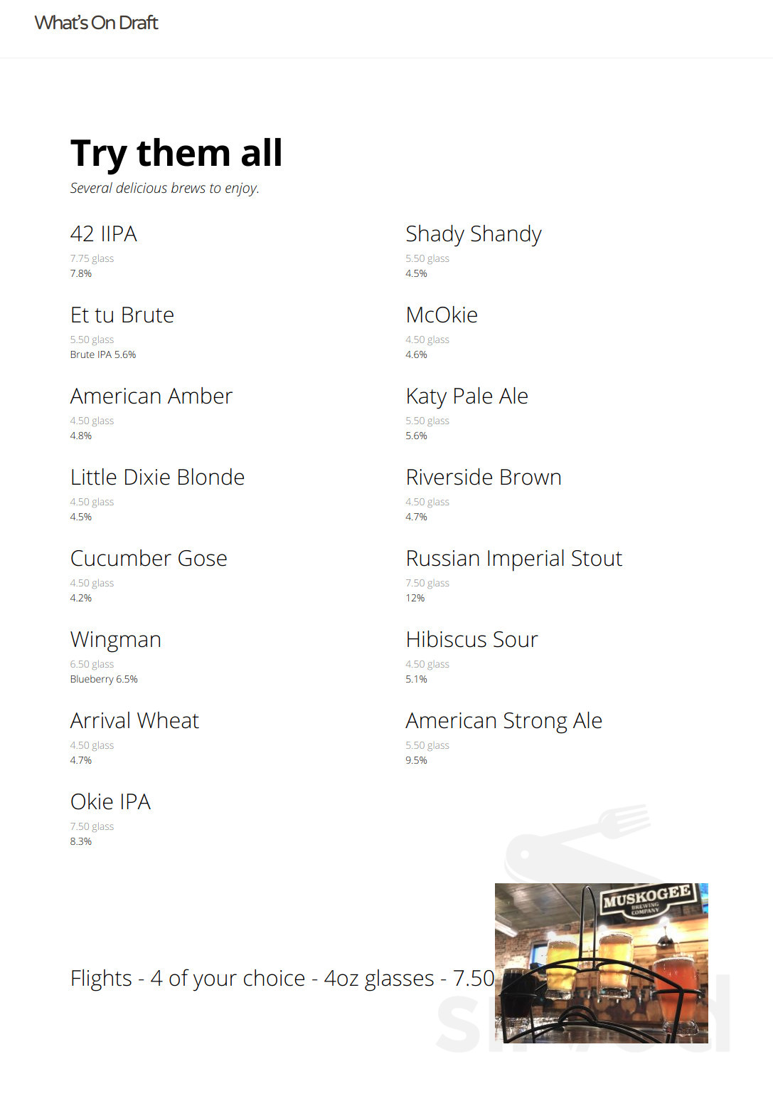 Muskogee Brewing Company drink menu in Muskogee, Oklahoma