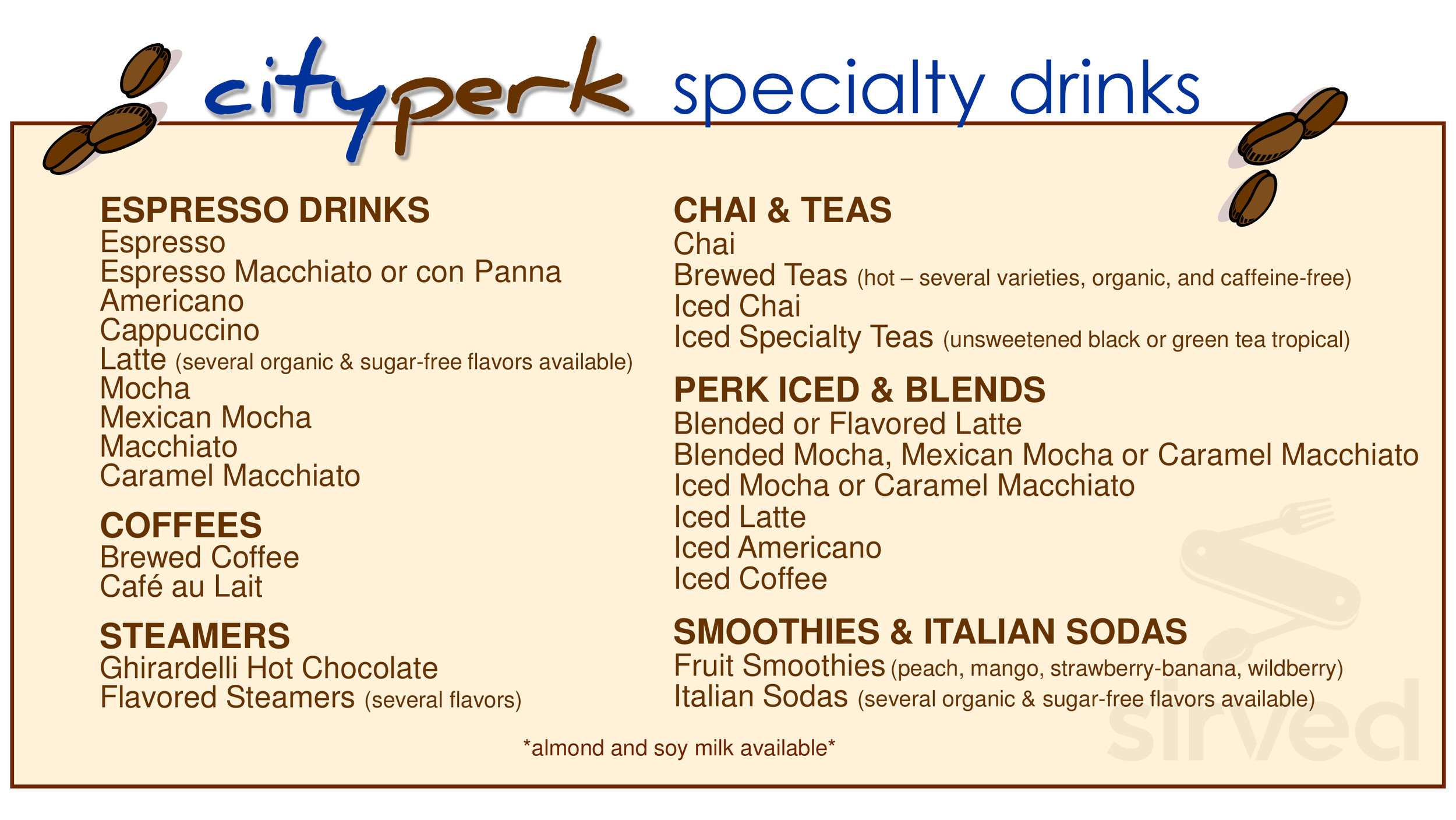 City Perk Bakery and Cafe menu in Aliso Viejo, California