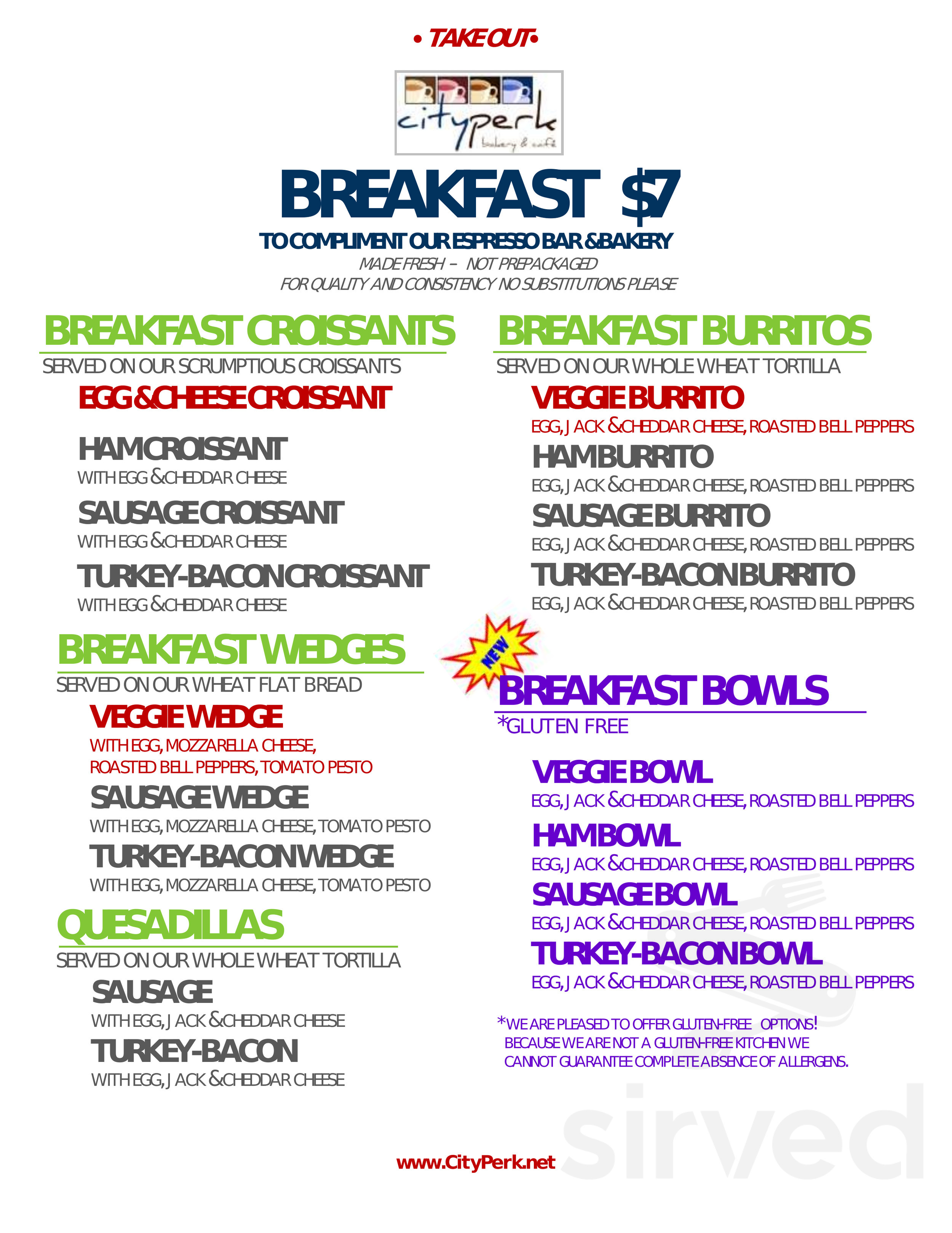 City Perk Bakery and Cafe breakfast menu in Aliso Viejo, California