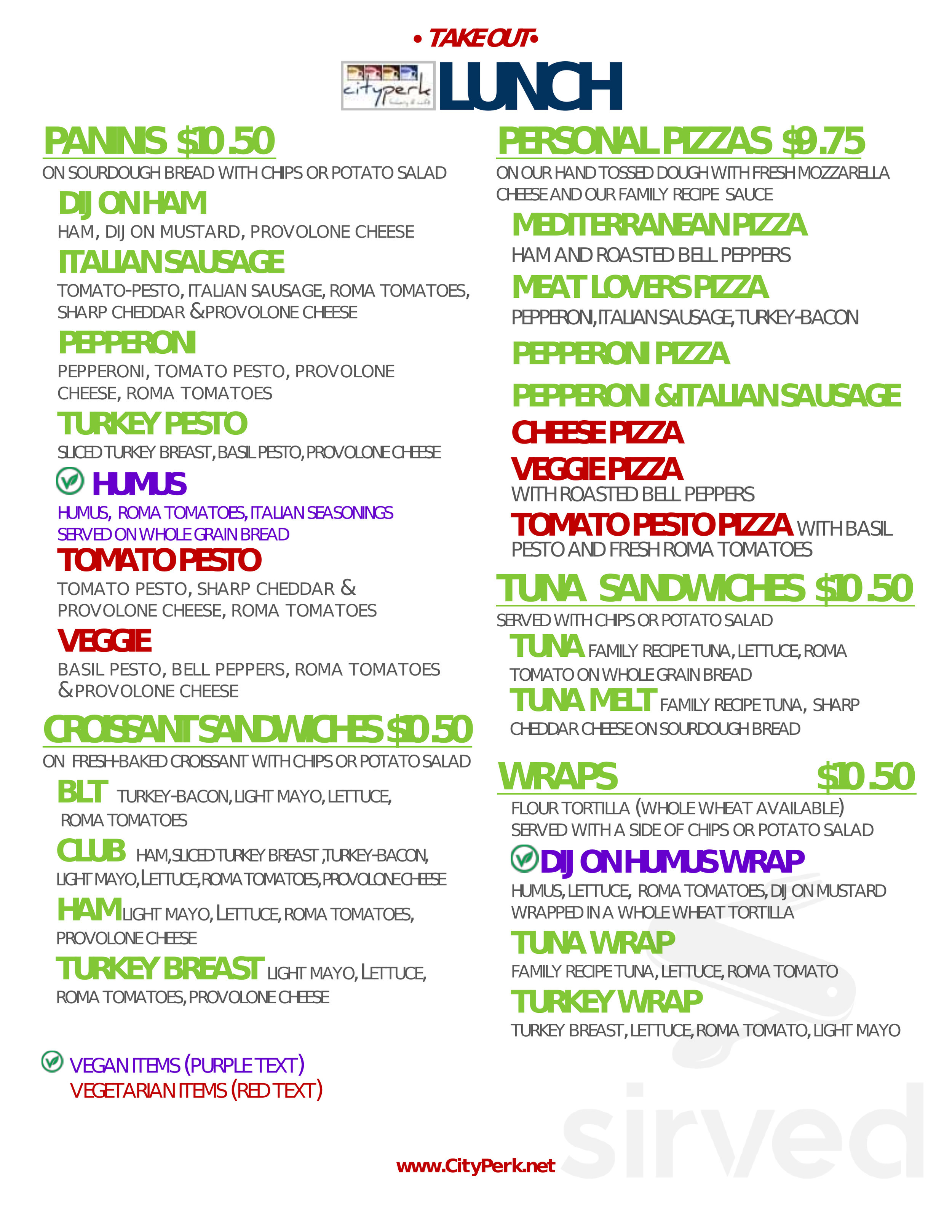 City Perk Bakery and Cafe lunch menu in Aliso Viejo, California